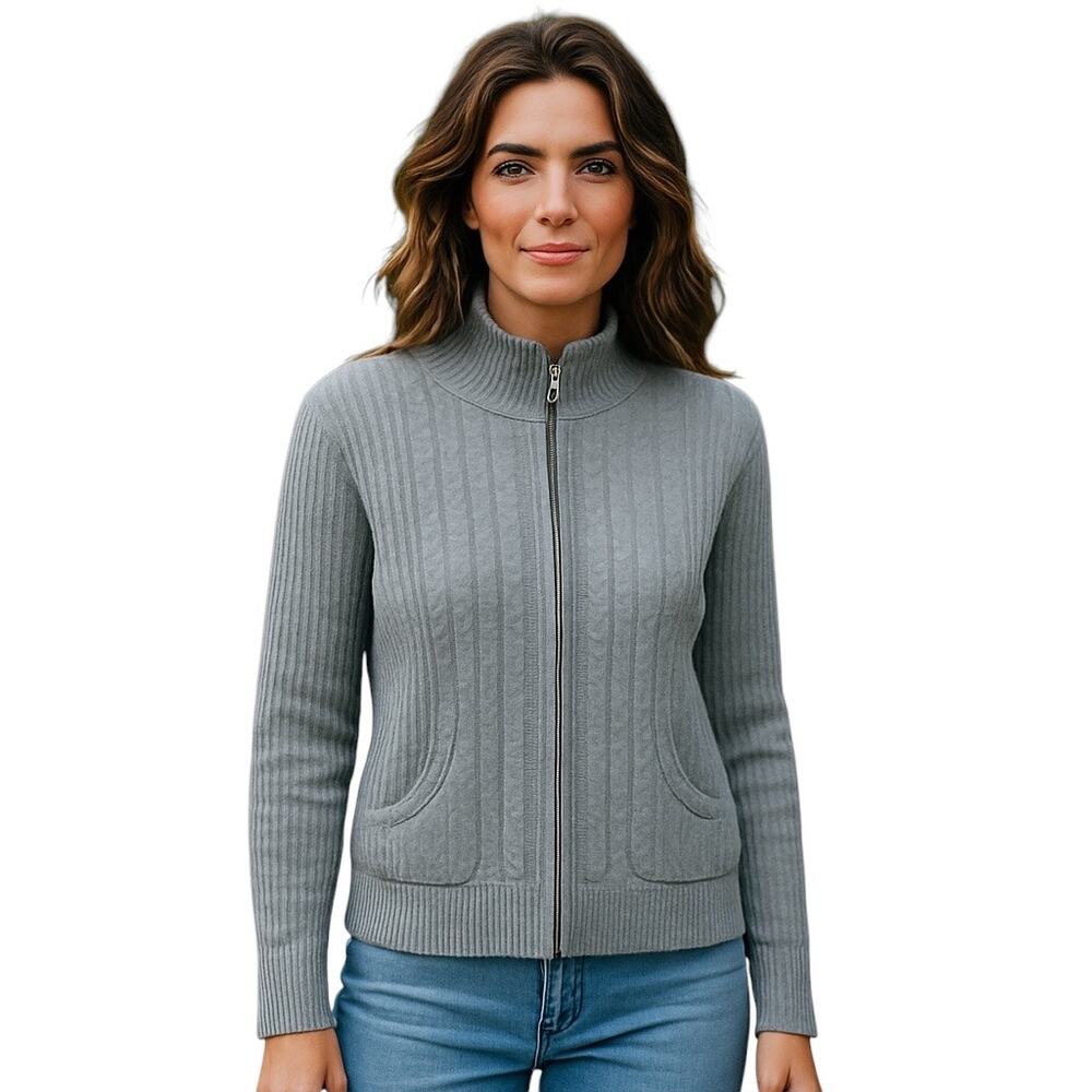 Leo & Nicole Petite Size Petite Large Gray Cable Knit Front Zip Cardigan